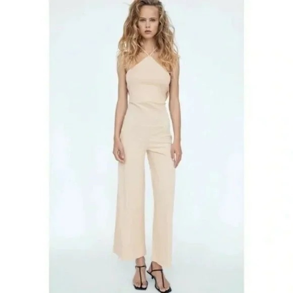 Zara Pants - NWOT Zara Cotton Beige Jumpsuit Halter Neck Size L